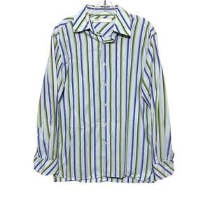 Perry Ellis Mens Size M Button Down Casual Shirt Long Sleeves Blue Green Striped